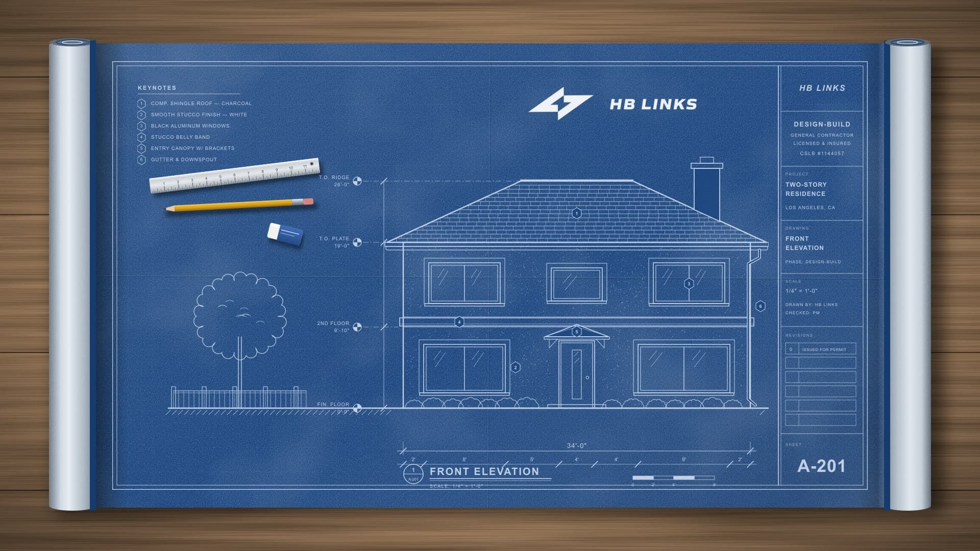Blueprint of a two-story house's front elevation on a drafting table, with the HB Links title block