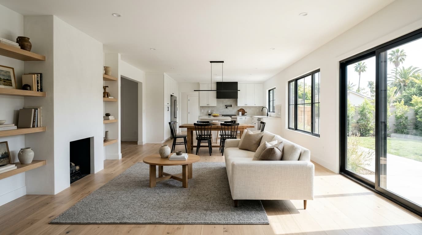 Remodeled open-plan living room, dining area and kitchen with white-oak floors, built-in shelves and black-framed sliding doors to the backyard